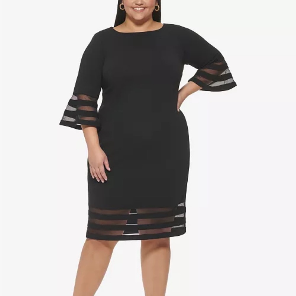 Calvin Klein Classic Black Shift Dress with Layered Hem and Ruffle Sleeves